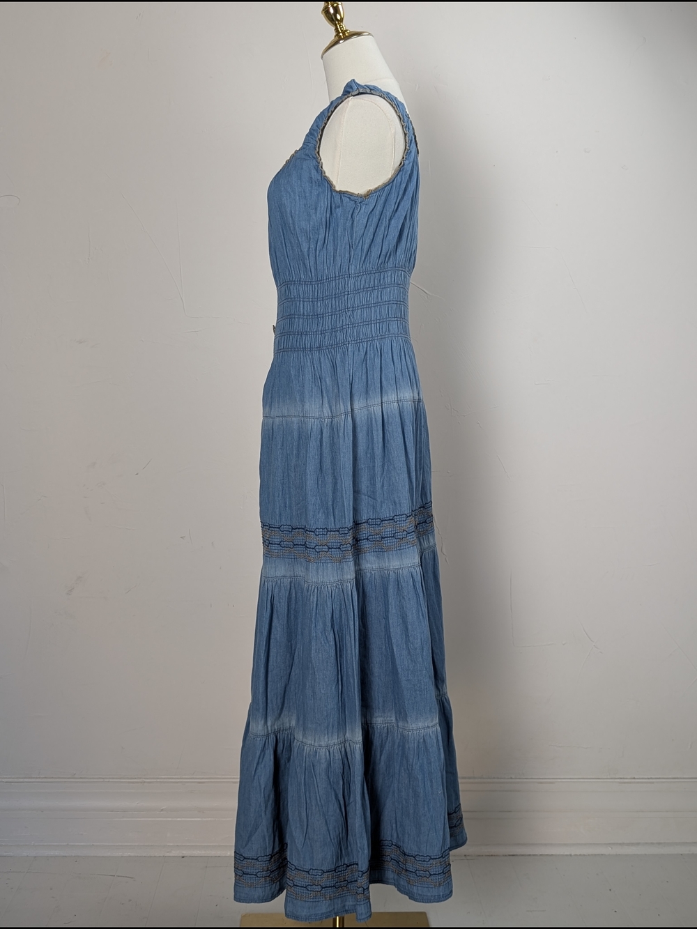 Boho Lapis Blue Chambray Smocked Tiered Maxi Dress in Blue - Picture 4 of 5